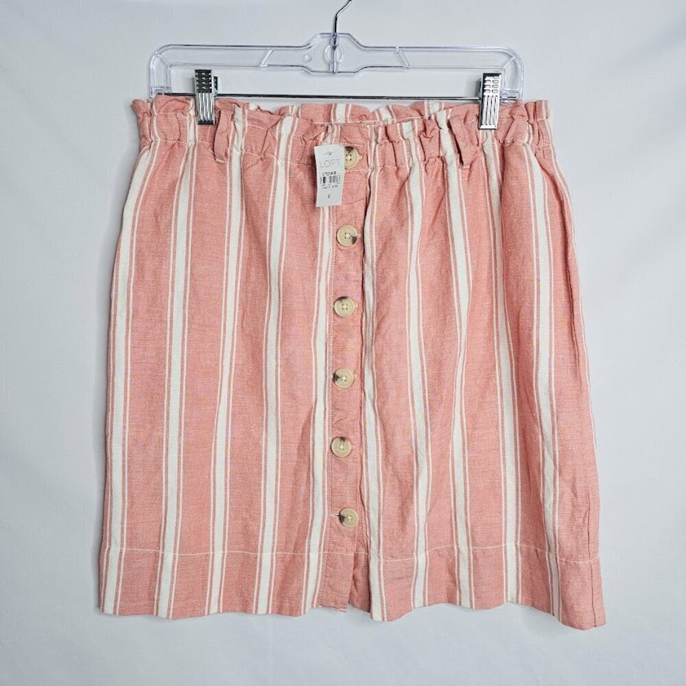NWT LOFT Linen Skirt PINK & WHITE STRIPE size S Buttons Elastic Waist Coastal - Picture 2 of 5